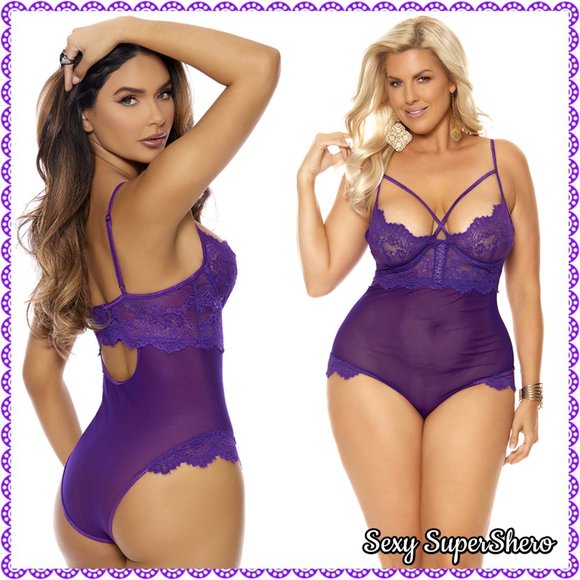 ๐๐"Katiya" Eyelash Lace and Mesh Underwire Lingerie Teddy deep Purple - Picture 5 of 7